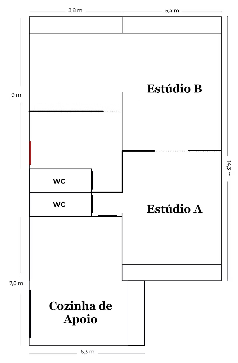 Planta do Studio Cozinha com Estúdio A, Estúdio B e Cozinha de Apoio